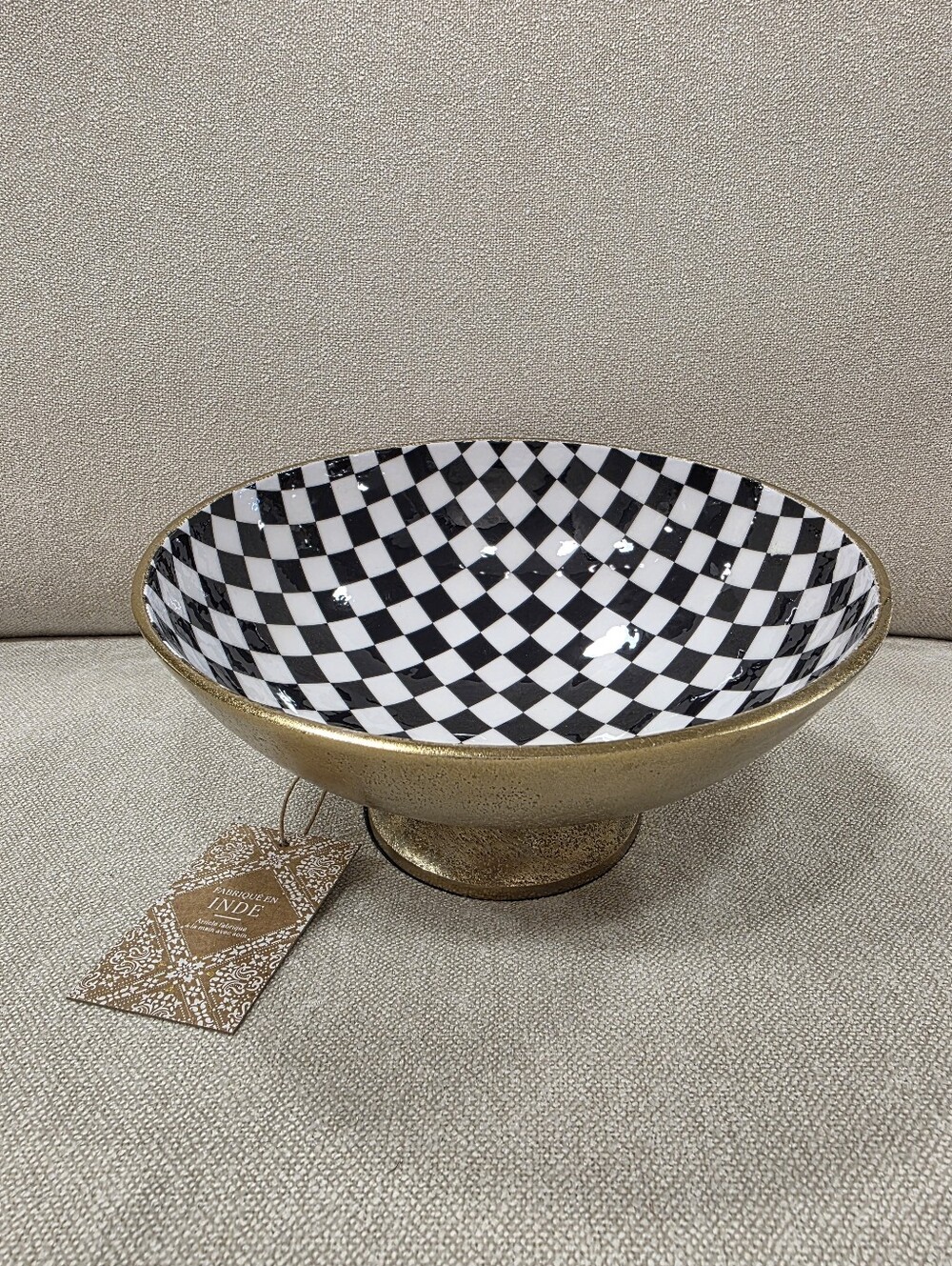 Checkered Ceramic Pedestal Bowl in Gold and Black